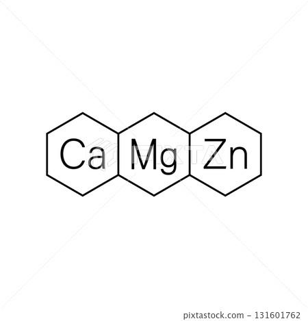 Calcium, magnesium and zinc vitamins. Ca, Mg, Zn icon and logo. Vector clipart and drawing. Isolated illustration on white background. 131601762