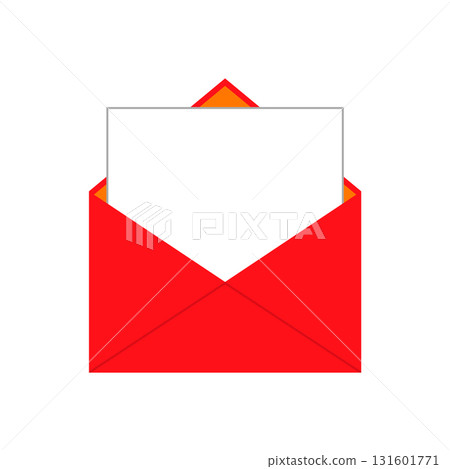 Unfolded postal red envelope with blank white sheet inside. Empty white letter. Isolated vector illustration on white background. Unfolded postal red envelope with blank white sheet inside. Empty white letter. Isolated vector illustration on white background. 131601771