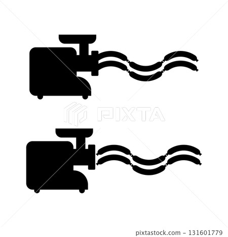 Electric meat grinder with sausage. Black silhouette. Isolated vector illustration on white background. Electric meat grinder with sausage. Black silhouette. Isolated vector illustration on white background. 131601779