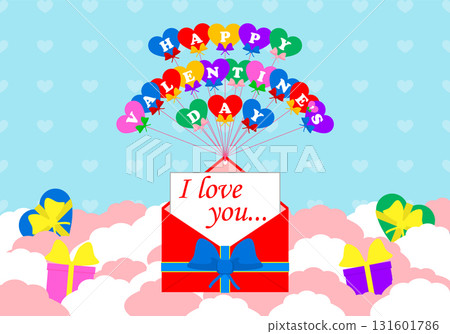 Happy Valentine's Day. Vector festive template with air balloons and hearts. I love you inscription. Sky background with clouds and gifts. Happy Valentine's Day. Vector festive template with air balloons and hearts. I love you inscription. Sky background with clouds and gifts. 131601786
