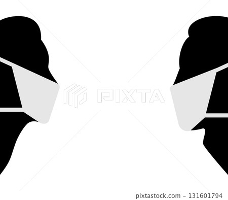 Male and female silhouettes in medical masks. Man and woman with profile faces and heads. Vector illustration on white background. 131601794