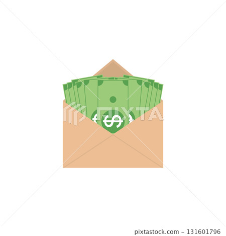Opened envelope with money. Paper dollar bills. Vector illustration. Opened envelope with money. Paper dollar bills. Vector illustration. 131601796