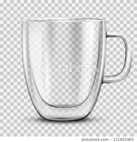 Glass empty coffee cup, isolated on transparent background. Double walled glass mug with hot drink, cappuccino or latte. Mockup for brand advertising.Vector 3d realistic illustration 131601963