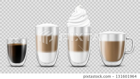 Coffee cup set, isolated on transparant background. Double walled glass mug with hot drink, americano, Cappuccino, espresso, latte, milk brown coffee, vector realistic 3d illustration, mock up. Coffee cup set, isolated on transparant background. Double walled glass mug with hot drink, americano, Cappuccino, espresso, latte, milk brown coffee, vector realistic 3d illustration, mock up. 131601964