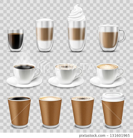Coffee cup set, isolated on transparant background. Double walled glass mug with hot drink, americano, Cappuccino, espresso, latte, milk brown coffee, vector realistic 3d , mock up. Coffee cup set, isolated on transparant background. Double walled glass mug with hot drink, americano, Cappuccino, espresso, latte, milk brown coffee, vector realistic 3d , mock up. 131601965