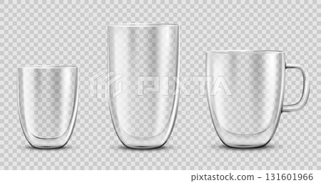 Glass empty coffee cup, isolated on transparent background. Double walled glass mug with hot drink, cappuccino or latte. Mockup for brand advertising.Vector 3d realistic illustration 131601966