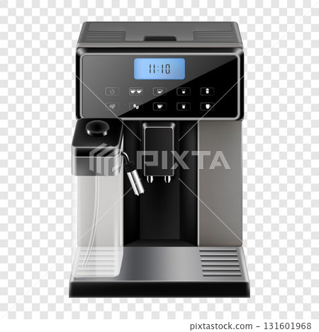 Realistic coffee machine. Household appliance design. Automatic espresso maker, isolated on transparent background. Electronic equipment for cappuccino preparing. Vector 3d illustration 131601968