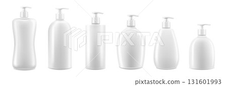 Set of blank Cosmetic Bottles Dispensers mockups with pump cap, isolated on white background, realistic 3d vector illustration 131601993