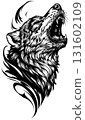 Drawing of a howling wolfs head 131602109