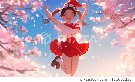 聖誕老人女孩，手捧櫻花，舉起雙手，動漫風格 131602233