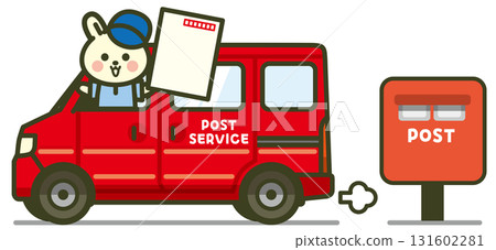 Illustration of a side view of a mail truck and a rabbit postman (with a large postcard and mailbox) 131602281