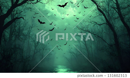 神秘的森林和飛翔的蝙蝠組成的奇幻景觀 神秘的森林和飛翔的蝙蝠組成的奇幻景觀 131602313