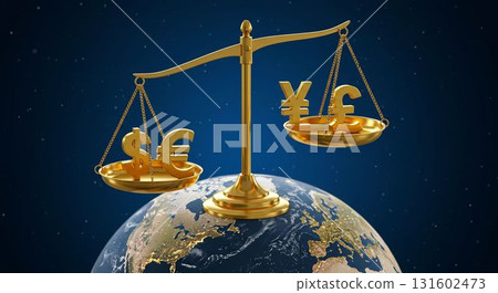 Symbolic scales with globe and currency Symbolic scales with globe and currency 131602473