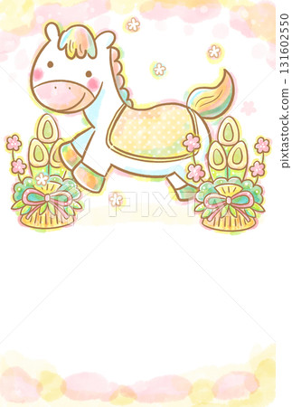 Watercolor pastel New Year's card template with a cute horse (zodiac sign) illustration and Kadomatsu (with copy space) Watercolor pastel New Year's card template with a cute horse (zodiac sign) illustration and Kadomatsu (with copy space) 131602550