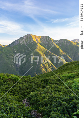 Mt. Hijiri (Mae Hijiri, Oku Hijiri) in the Southern Alps, seen from Mt. Minami in the Southern Alps. Hijiri climbing in the Southern Alps. Mt. Hijiri (Mae Hijiri, Oku Hijiri) in the Southern Alps, seen from Mt. Minami in the Southern Alps. Hijiri climbing in the Southern Alps. 131602553