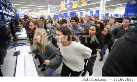 A crowded electronics store with people rushing to grab discounted TVs and laptops on Black Friday, bright sale banners above. Consumerism, sales, black friday. Online shopping. 131602682
