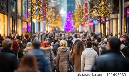 A crowded shopping street during Black Friday with people rushing to stores, colorful sale signs everywhere, and a festive holiday mood. Consumerism, sales, black friday. Online shopping. 131602683