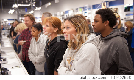 A high-end electronics store on Black Friday, with customers lined up to purchase the latest gadgets at discounted prices. Consumerism, sales, black friday. Online shopping. A high-end electronics store on Black Friday, with customers lined up to purchase the latest gadgets at discounted prices. Consumerism, sales, black friday. Online shopping. 131602698