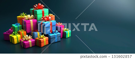 Banner with colorful stacked gift boxes ready for celebration and joy during a festive occasion or event Generative AI 131602857