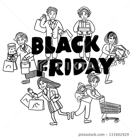 black friday sale shopping flat design adorable vector cartoon people crowd illustration for retail discount and holiday promotion 131602929