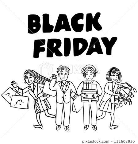 black friday sale shopping vector with adorable human cartoon flat design showing retail consumer crowd and festive bargain 131602930