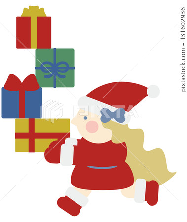 可愛的女孩聖誕老公公拿著一堆禮物 可愛的女孩聖誕老公公拿著一堆禮物 131602936