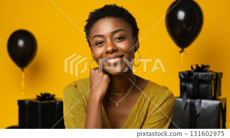 Happy satisfied smiling dark-skinned girl in 90s retro style on a yellow background with black balloons and black packages. Consumerism, sales, black friday. Online shopping. 131602975