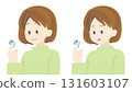 Two illustrations of a woman wearing an SpO2 sensor on her index finger (smiling and unwell) 131603107