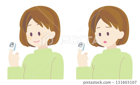Two illustrations of a woman wearing an SpO2 sensor on her index finger (smiling and unwell) 131603107