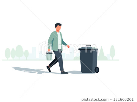 Man taking out trash outdoors 131603201