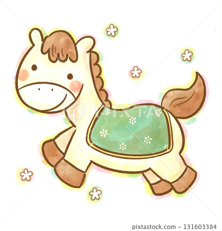 可愛的白馬水彩插圖（自然色，新年賀卡） 131603384