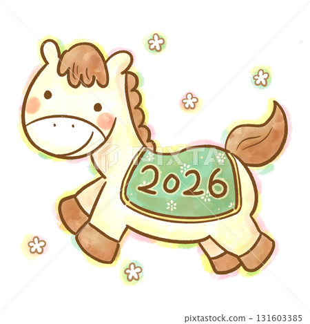 2026年生肖：可愛的白馬水彩人物插圖（自然色，新年卡） 131603385