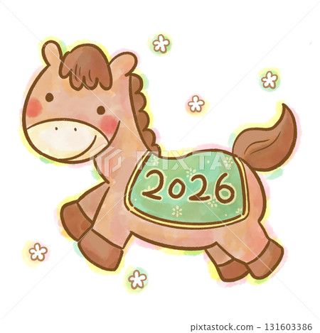 2026年生肖年 - 可愛的馬水彩人物插圖（自然色，新年賀卡） 131603386