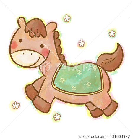 可愛的馬的水彩插圖（自然色，新年賀卡） 131603387