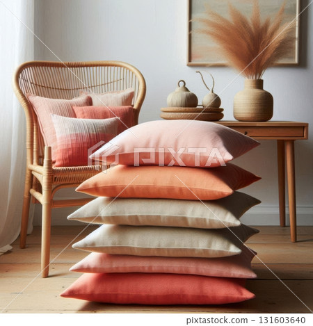 Guava pink and coral throw pillows with rattan accents, styled against white wall for decor inspiration. 131603640