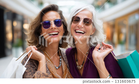 Two happy laughing excited fashionable stylish mature girlfriends in sunglasses with paper shopping bags outdoors. Consumerism, sales, black friday. Online shopping. 131603675