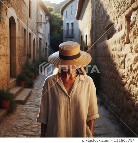 Woman in Straw Hat Walking Along Narrow Cobblestone Alley in Quiet Countryside Village, Warm Light Photography 131603794