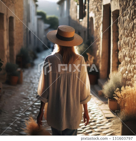 Middle-aged woman in straw hat walking through peaceful cobblestone alley in a quiet countryside village at golden hour. 131603797
