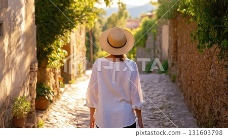 Woman in Straw Hat Walking Along Narrow Cobblestone Alley in Quiet Countryside Village, Warm Light Photography 131603798