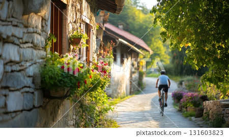 Slow tourism scene with traditional houses, flowers, and peaceful cycling route. 131603823