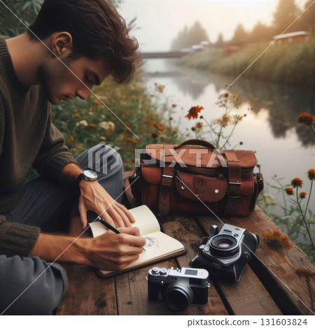 Young Man Sketching by Calm Canal with Vintage Film Camera and Wildflowers, Overcast Soft Light 131603824