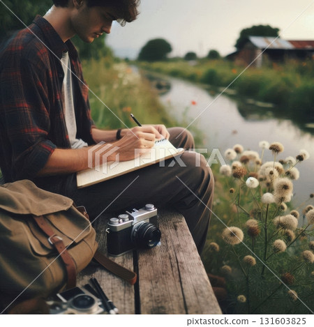 Young Man Sketching by Calm Canal with Vintage Film Camera and Wildflowers, Overcast Soft Light 131603825