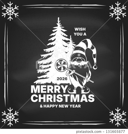 Wish you a very Merry Christmas and Happy New Year stamp, sticker set with trees, gnome Santa with christmas candy on the chalkboard. Vector. Vintage typography design for xmas, new year emblem in 131603877