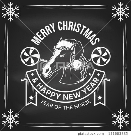 Merry Christmas and 2026 Happy New Year stamp, sticker with horse in Santa Claus hat, Christmas candy on the chalkboard. Vector. Vintage typography design for Xmas, new year emblem in retro style 131603885