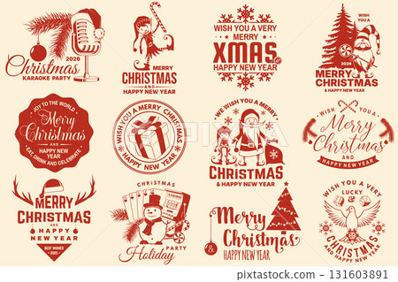 Merry Christmas and Happy New Year stamp, sticker, patch. Vintage print, logo, badge design with Santa Claus, Elf, casino dice, snowman, poker playing card, slot machines and sweet candy cane. Vector 131603891