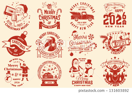 Merry Christmas and Happy New Year stamp, sticker, patch. Vintage print, logo, badge design with Santa Claus, Elf, casino dice, snowman, poker playing card, slot machines and sweet candy cane. Vector 131603892