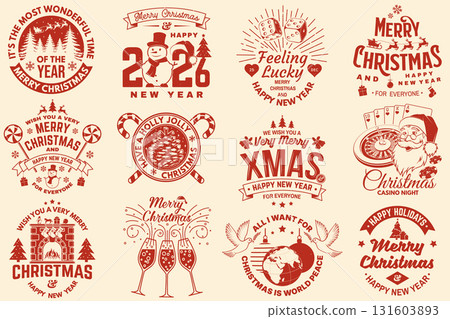Merry Christmas and Happy New Year stamp, sticker, patch. Vintage print, logo, badge design with Santa Claus, Elf, casino dice, snowman, poker playing card, slot machines and sweet candy cane. Vector 131603893