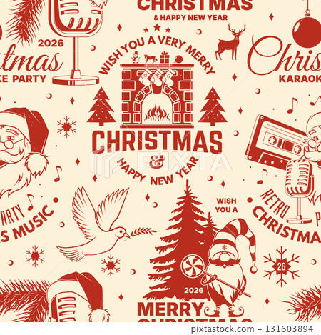 Merry Christmas and Happy New Year seamless pattern or background. stamp, sticker set with trees, Santa and Elf. Vector. Vintage wallpaper for xmas with new year emblem in retro style 131603894