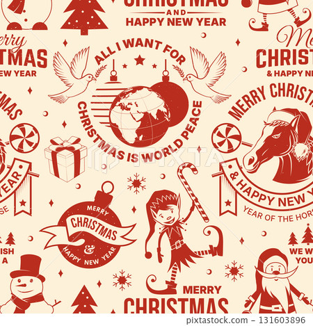 Merry Christmas and Happy New Year seamless pattern or background. stamp, sticker set with trees, Santa and Elf. Vector. Vintage wallpaper for xmas with new year emblem in retro style 131603896
