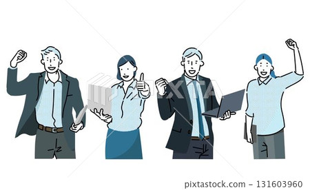 Men and women holding computers and making a fist pump - business people - business team vector illustration material 131603960